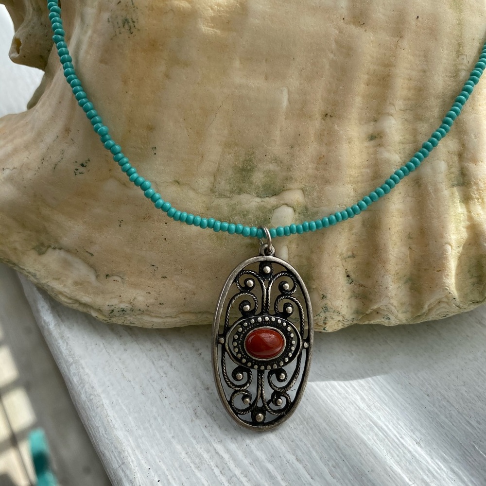 Antique 16 in.Turquoise & silver pendant necklace